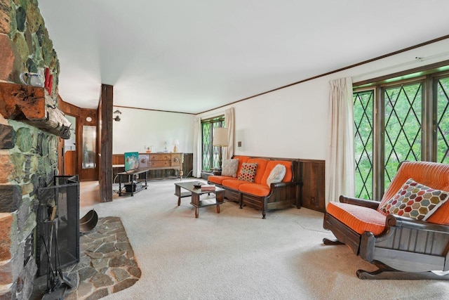 954 N Dousman Rd, Summit, WI 53066 - living area featuring carpet, a wainscoted wall, crown molding, and wooden walls