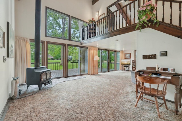 954 N Dousman Rd, Summit, WI 53066 - carpeted living room featuring a high ceiling and a wood stove