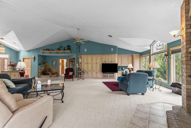 N4653 Thompson Rd, Shiocton, WI 54170 - living room with light carpet, vaulted ceiling, and a ceiling fan