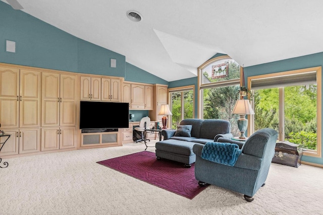 N4653 Thompson Rd, Shiocton, WI 54170 - living room featuring light carpet and vaulted ceiling