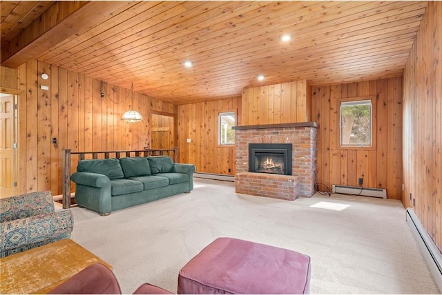 632 E 2nd St, New Richmond, WI 54017 - carpeted living area featuring a baseboard heating unit, wooden ceiling, healthy amount of natural light, wood walls, and recessed lighting
