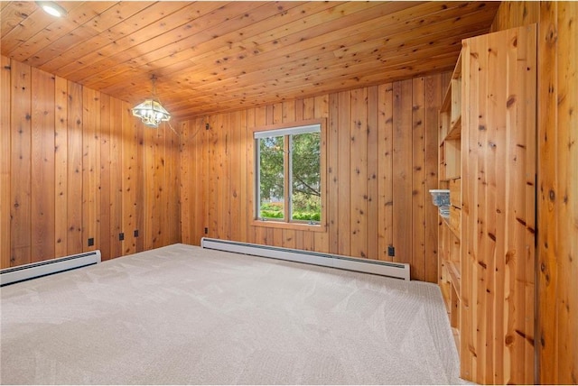632 E 2nd St, New Richmond, WI 54017 - unfurnished room featuring a baseboard radiator, wooden ceiling, carpet floors, and wooden walls