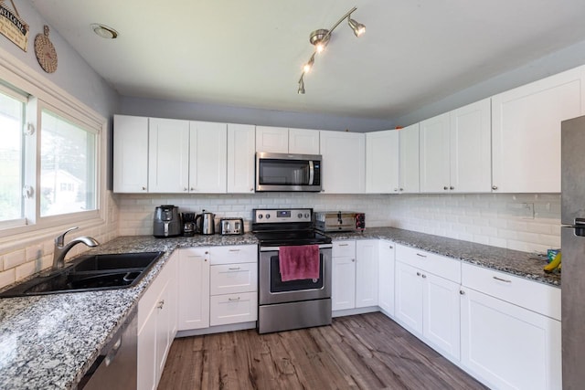 2921 Glendale Ave, La Crosse, WI 54601 - kitchen with appliances with stainless steel finishes, a sink, white cabinetry, and backsplash