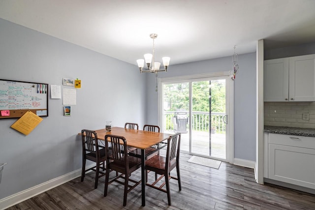 2921 Glendale Ave, La Crosse, WI 54601 - dining room featuring a chandelier, dark wood-style flooring, and baseboards