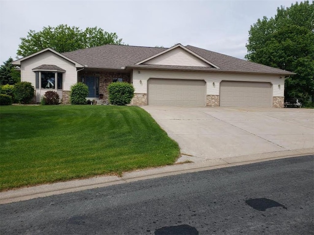 1115 S Trappers Xing, Hugo, MN 55038 - ranch-style home featuring a garage, a front lawn, driveway, stone siding, and a shingled roof
