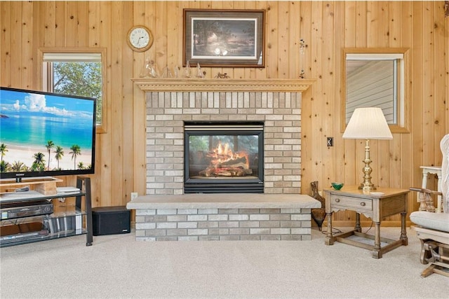 1115 S Trappers Xing, Hugo, MN 55038 - carpeted living area with wooden walls and a fireplace