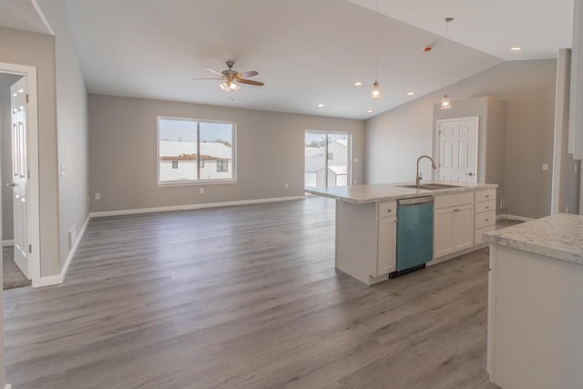 6308 Perch Dr, Weston, WI 54476 - kitchen with dishwasher, ceiling fan, white cabinetry, light wood-type flooring, and decorative light fixtures