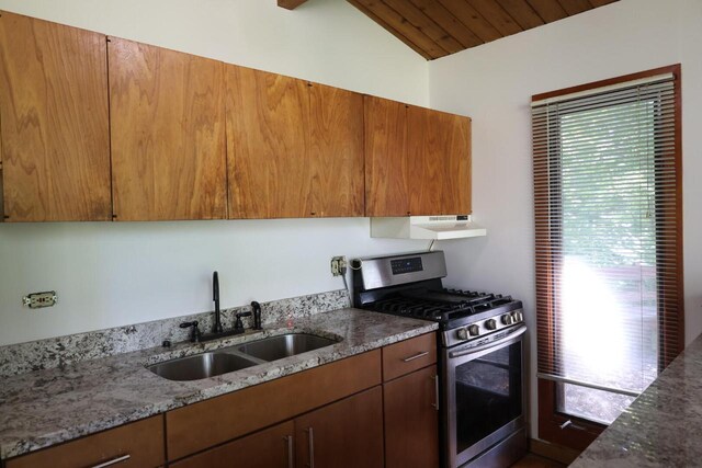N2335 Main Rd, Lake Geneva, WI 53147 - kitchen with stainless steel range with gas stovetop, a sink, light stone countertops, vaulted ceiling, and brown cabinetry