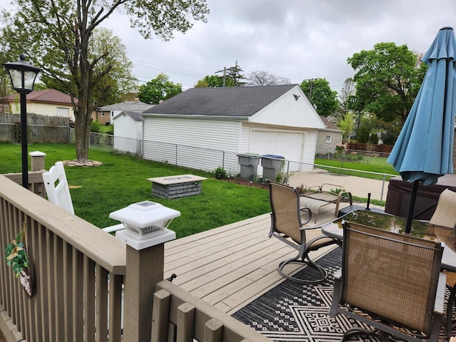 3617 S 80th St, Milwaukee, WI 53220 - wooden deck featuring outdoor dining space, a garage, and an outdoor structure