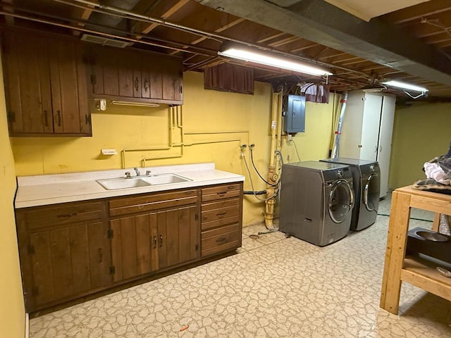 1124 Tullar Rd, Neenah, WI 54956 - laundry area featuring washer and dryer, electric panel, light floors, and cabinet space