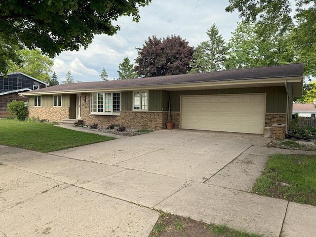 1124 Tullar Rd, Neenah, WI 54956 - single story home with brick siding, an attached garage, board and batten siding, a front lawn, and concrete driveway