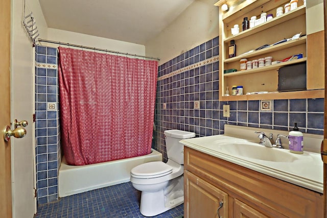 W219S7712 Crowbar Dr, Muskego, WI 53150 - bathroom featuring tile patterned flooring, vanity, shower / bath combo, toilet, and tile walls