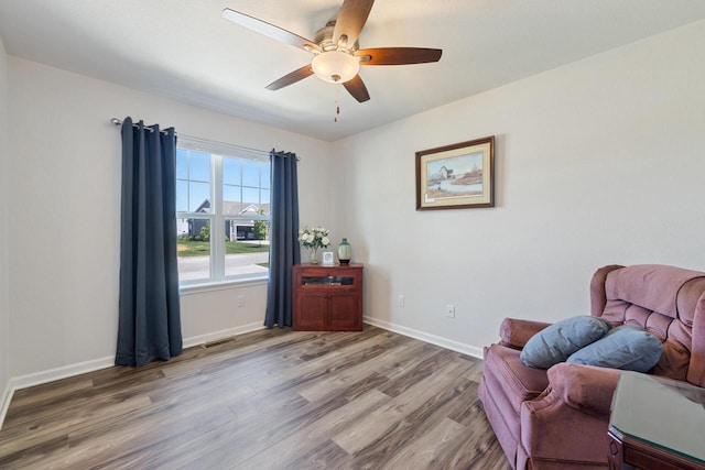 35209 Winnebago Ct, Summit, WI 53066 - sitting room with light wood finished floors, a ceiling fan, and baseboards