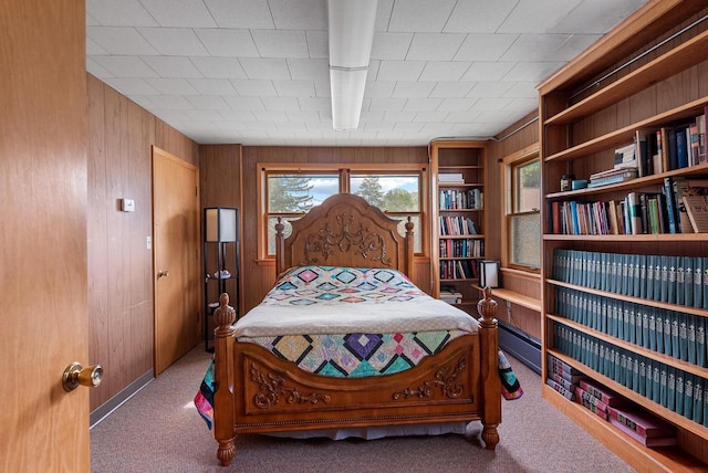 228 Forest St, Campbellsport, WI 53010 - carpeted bedroom with wooden walls and a baseboard heating unit