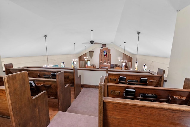 228 Forest St, Campbellsport, WI 53010 - bar area featuring a ceiling fan, lofted ceiling, and a chandelier