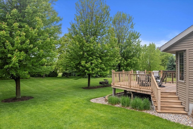 5605 N Mcnichols Dr, Milton, WI 53563 - view of green lawn featuring a wooden deck and outdoor dining space