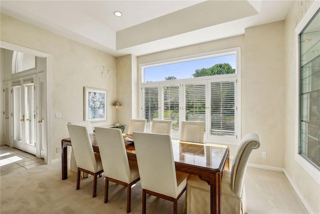 689 Brookside Ln, Mendota Heights, MN 55118 - dining area featuring light colored carpet, baseboards, a raised ceiling, and recessed lighting