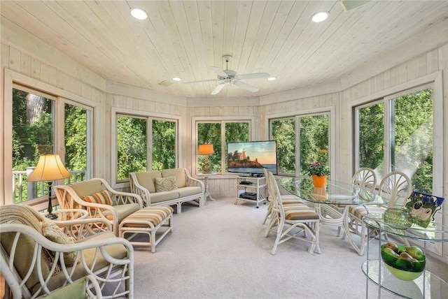 689 Brookside Ln, Mendota Heights, MN 55118 - sunroom / solarium with wooden ceiling, recessed lighting, carpet flooring, and wooden walls