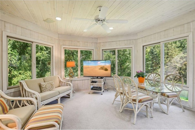 689 Brookside Ln, Mendota Heights, MN 55118 - sunroom with carpet floors, wood walls, wood ceiling, and recessed lighting