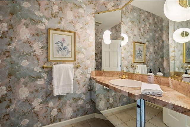 689 Brookside Ln, Mendota Heights, MN 55118 - half bath featuring tile patterned floors, baseboards, wallpapered walls, and a sink