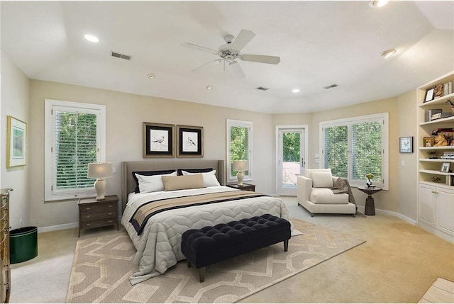 689 Brookside Ln, Mendota Heights, MN 55118 - bedroom with light colored carpet, multiple windows, baseboards, access to exterior, and recessed lighting