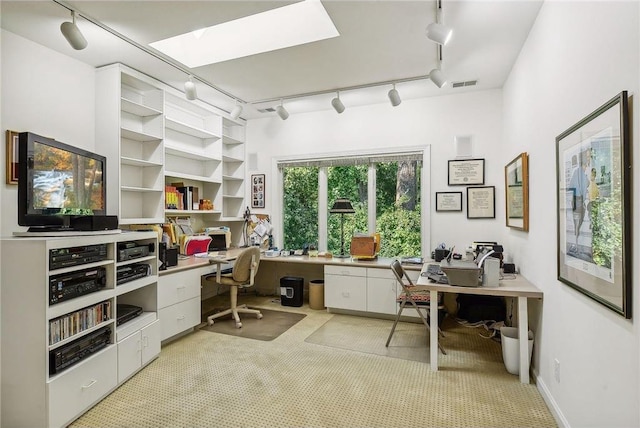 689 Brookside Ln, Mendota Heights, MN 55118 - office with track lighting, light colored carpet, built in desk, and a skylight
