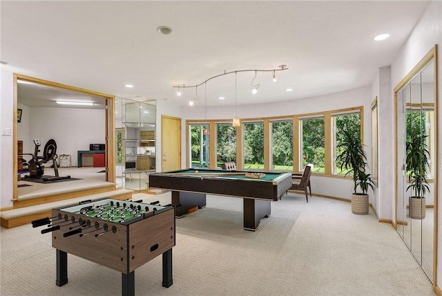 689 Brookside Ln, Mendota Heights, MN 55118 - game room with light carpet, billiards, recessed lighting, and baseboards