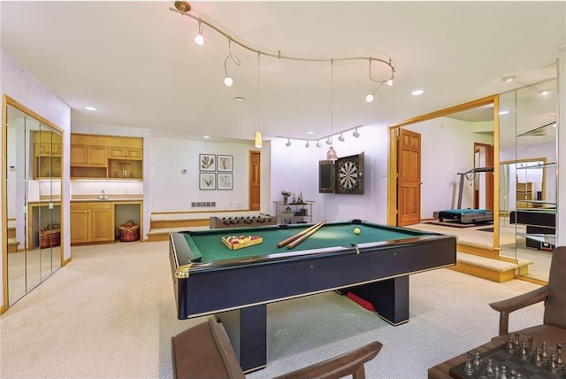 689 Brookside Ln, Mendota Heights, MN 55118 - recreation room featuring billiards, light carpet, recessed lighting, and a sink