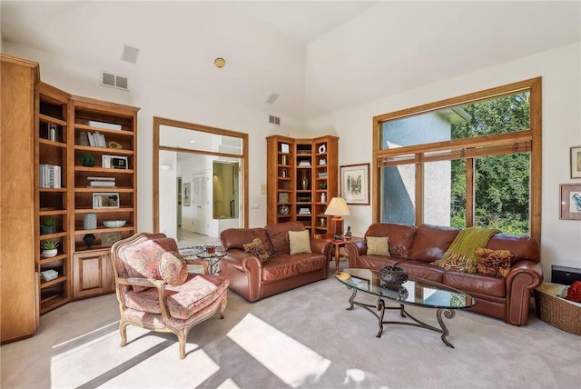 689 Brookside Ln, Mendota Heights, MN 55118 - living room featuring light colored carpet and a high ceiling