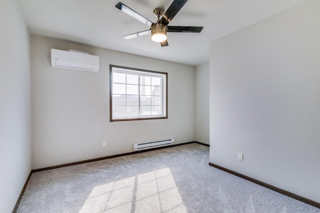 1325 Hagar St, La Crosse, WI 54603 - carpeted empty room with a wall mounted air conditioner, a baseboard heating unit, a ceiling fan, and baseboards