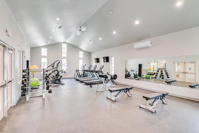 1325 Hagar St, La Crosse, WI 54603 - workout area featuring a wall mounted air conditioner, lofted ceiling, recessed lighting, and ceiling fan