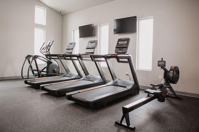 1325 Hagar St, La Crosse, WI 54603 - exercise room with baseboards and vaulted ceiling