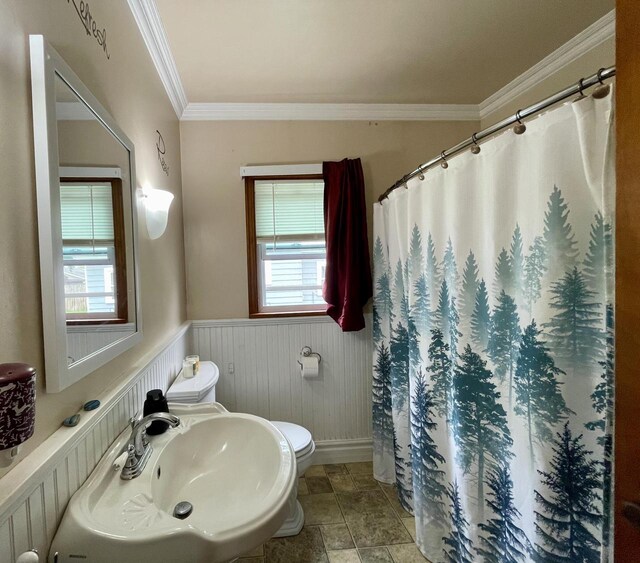 1522 Barlow St, La Crosse, WI 54601 - full bathroom featuring toilet, plenty of natural light, ornamental molding, wainscoting, and a sink