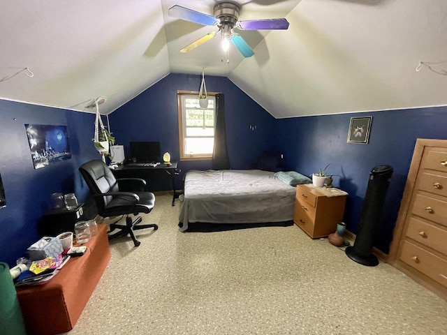 1522 Barlow St, La Crosse, WI 54601 - bedroom with an office area, a ceiling fan, vaulted ceiling, and baseboards