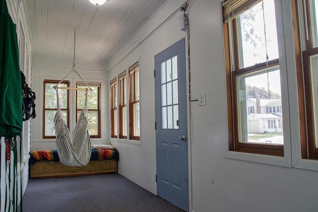 318 E Mary St, Darlington, WI 53530 - doorway to outside with carpet and wood ceiling