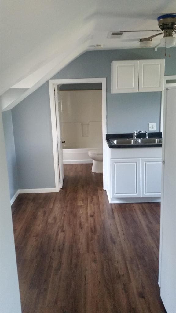 506 E Cook St, Portage, WI 53901 - hallway with a sink, vaulted ceiling, and dark wood-style flooring