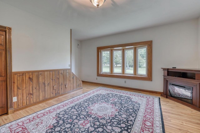 W1041 County Road O, Oconomowoc, WI 53066 - living room featuring light wood-style flooring, a wainscoted wall, and a fireplace