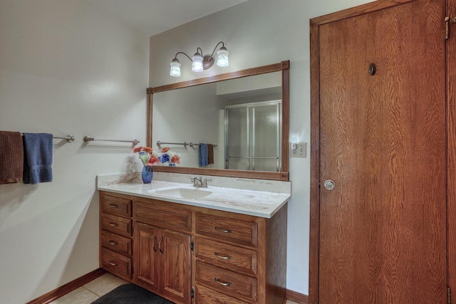 W1041 County Road O, Oconomowoc, WI 53066 - bathroom featuring vanity, a shower stall, baseboards, and tile patterned floors