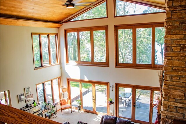 18845 64th Ave, Chippewa Falls, WI 54729 - living room with high vaulted ceiling, ceiling fan, french doors, carpet floors, and wooden ceiling