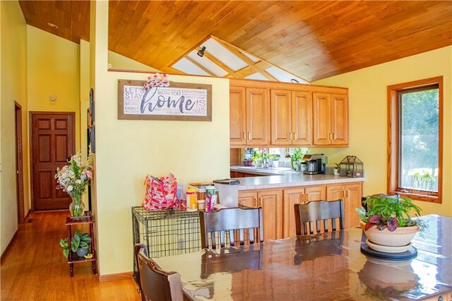 18845 64th Ave, Chippewa Falls, WI 54729 - kitchen with vaulted ceiling, wood ceiling, light wood-style floors, and a breakfast bar