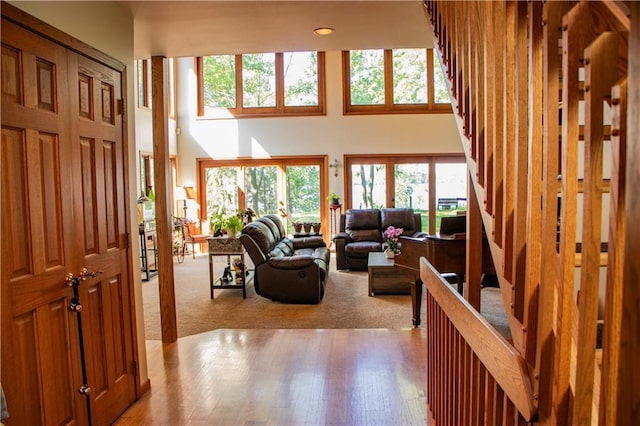 18845 64th Ave, Chippewa Falls, WI 54729 - carpeted living room with a high ceiling, healthy amount of natural light, wood finished floors, and stairs