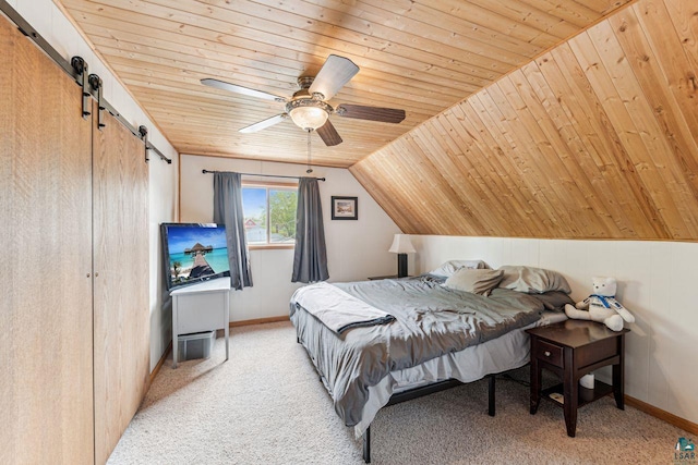 708 2nd Ave W, Ashland, WI 54806 - carpeted bedroom featuring a barn door, wood ceiling, baseboards, a ceiling fan, and lofted ceiling
