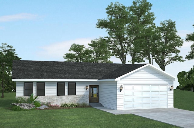 620 E Maple Beach Dr, Edgerton, WI 53534 - view of front of property featuring a garage, a shingled roof, a front lawn, driveway, and stone siding