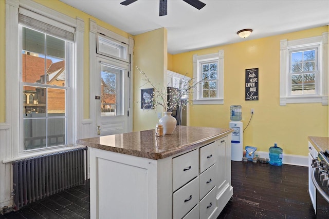 1105 N 6th St, Sheboygan, WI 53081 - kitchen featuring radiator, a ceiling fan, white cabinetry, dark wood finished floors, and a center island