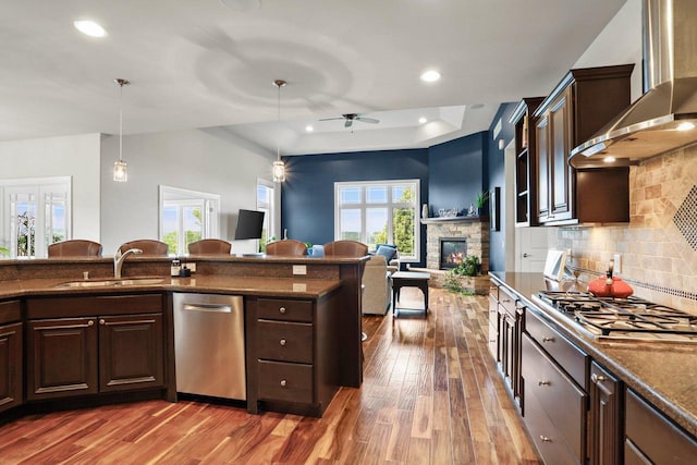 3403 Whistling Wind Way, Sun Prairie, WI 53590 - kitchen with wall chimney range hood, stainless steel appliances, a stone fireplace, a tray ceiling, and wood finished floors