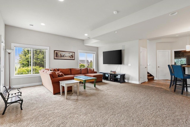 3403 Whistling Wind Way, Sun Prairie, WI 53590 - living area with recessed lighting, carpet floors, and stairway
