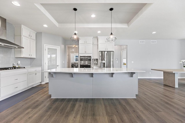 1279 E Hickory Creek Ct, Oak Creek, WI 53154 - kitchen featuring appliances with stainless steel finishes, a tray ceiling, wall chimney range hood, dark wood-type flooring, and recessed lighting