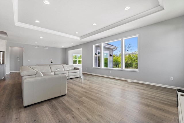 1279 E Hickory Creek Ct, Oak Creek, WI 53154 - living area featuring a tray ceiling, ornamental molding, baseboards, wood finished floors, and recessed lighting