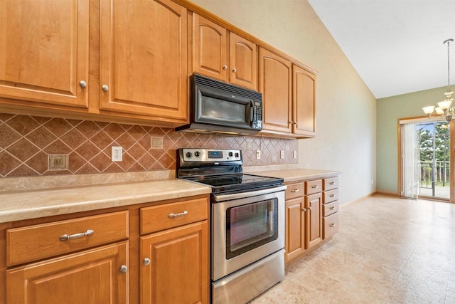 536 Coonen Dr, Combined Locks, WI 54113 - kitchen with black microwave, electric stove, lofted ceiling, decorative backsplash, and light countertops