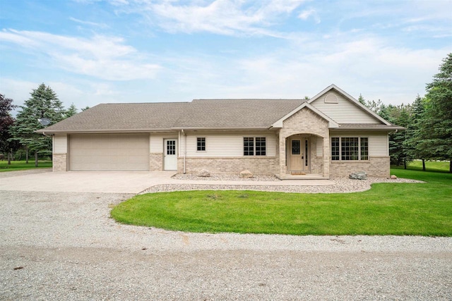 N6471 12 Corners Rd, Black Creek, WI 54106 - ranch-style house featuring brick siding, concrete driveway, a garage, a front lawn, and a shingled roof